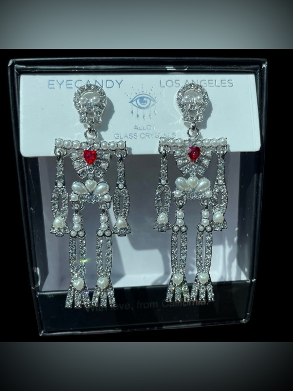 eye candy Silver Crystal & Red Heart Skeleton Drop Earrings
